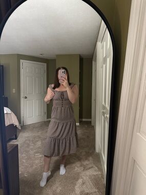 Brown Gingham Tiered Midi Dress